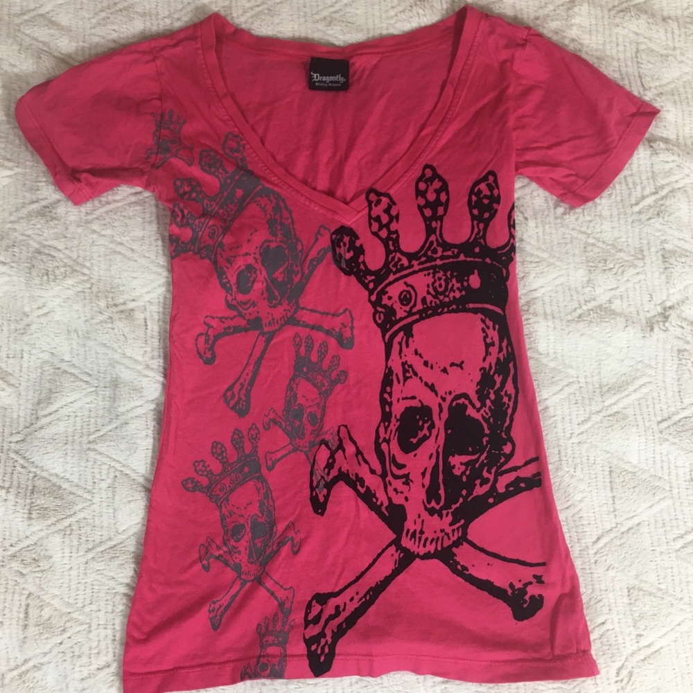 Dragonfly Womens Sz S Crowned Skull Pink T-shirt